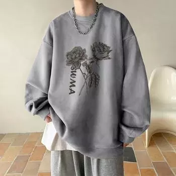 Зимняя американская уличная толстовка с круглым вырезом, свободная, 2024, новая утолщенная ретро-роза, модная брендовая молодежная куртка, топ S серый
