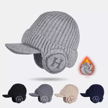 Зимняя бархатная бейсбольная шапка с защитой ушей, мужская пуловерная кепка, уличная холодостойкая теплая вязаная шерстяная кепка бежевый