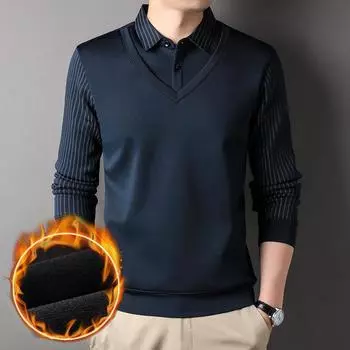 Зимняя бархатная футболка из двух частей, мужская утолщенная теплая футболка с лацканами для молодых людей и людей среднего возраста, полосатый топ M