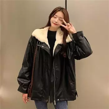 Зимняя бархатная кожаная куртка женская корейская версия утолщенная искусственная овечья шерсть куртка из искусственной кожи студенческий свободный повседневный костюм локомотива S recommends within 55 kg
