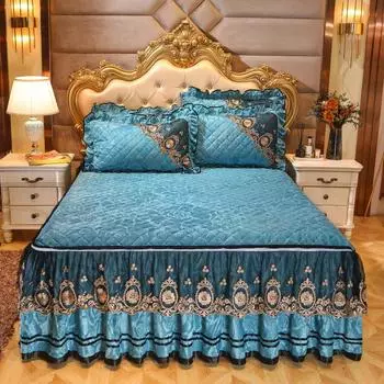 Зимняя бархатная кружевная юбка-кровать, цельное утолщенное нескользящее коралловое бархатное покрывало, съемный кружевной защитный чехол для матраса 150*200cm 3pcs