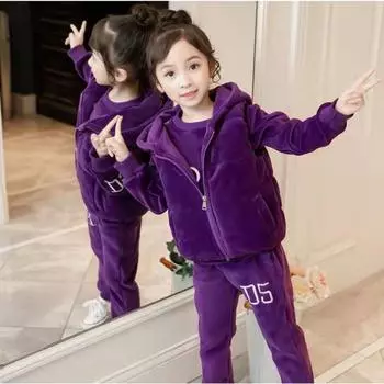 Зимняя бархатная куртка для девочек + толстовка с капюшоном + штаны, спортивный костюм, одежда для малышей и подростков, комплект из трех предметов для детей 8-12 лет 160 чёрный