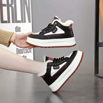 Зимняя бархатная маленькая белая усиленная толстая подошва корейской версии женской студенческой обуви, новые спортивные туфли для сноуборда, повседневная футболка 35 чёрный