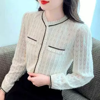 Зимняя бархатная мода 2024 года, длинная рукава с круглым вырезом, офисная женская абрикосовая кружевная блузка, рубашка, женские топы, блузки, рубашки J815 S абрикосовый