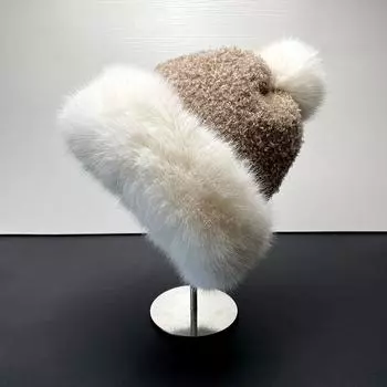 Зимняя бархатная модная защитная шапка Lei Feng, корейская версия, утолщенная, показывающая лицо, милая вязаная шерстяная шапка с шариками для волос 56-58cm белый