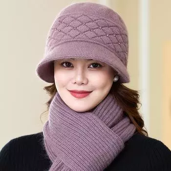 Зимняя бархатная теплая ветрозащитная вязаная шапка для защиты ушей для женщин среднего и пожилого возраста шерстяная шапка с кроличьим мехом и утиным язычком Шапки и кепки (Женский) One size