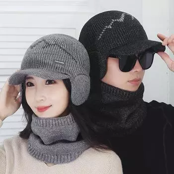 Зимняя бархатная толстая утепленная шерстяная шапка для верховой езды, ветрозащитная защитная вязаная шапка, шарф, комплект из двух предметов серый