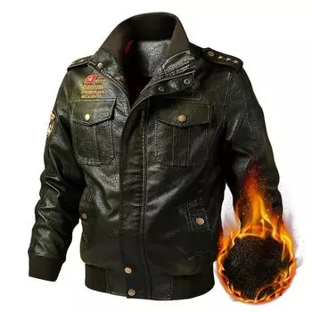 Зимняя бархатная утолщенная мужская куртка из искусственной кожи, воротник-стойка, повседневная кожаная куртка большого размера с вышивкой для мужчин M коричневый