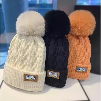 Зимняя бархатная утолщенная шерстяная шапка утолщенная теплая вязаная шапка женская большая шапка с ушами для волос белый шар one size бежевый