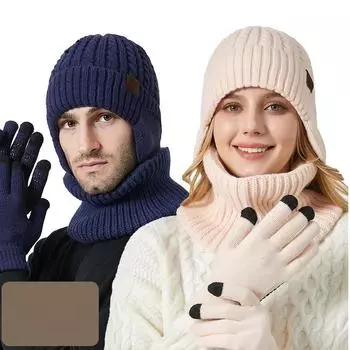 Зимняя бархатная вязаная шапка с защитой ушей, шарф, перчатки с сенсорным экраном, теплый костюм, мужская уличная теплая шерстяная шапка чёрный