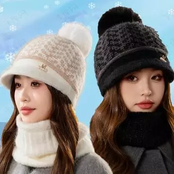 Зимняя бархатная женская шапка, шарф, комплект, модный жемчуг, женская шерстяная вязаная шапка, воротник, уличный толстый теплый женский головной убор only hat чёрный