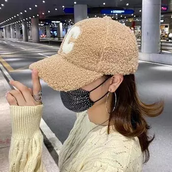 Зимняя бейсбольная шляпа из искусственной овечьей шерсти, женская плюшевая шляпа с буквенным принтом C и расширенными полями, регулируемая уличная повседневная шляпа розовый