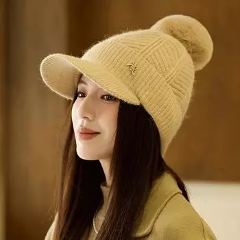 Зимняя бейсболка из меха кролика, женская толстая защитная шапка с меховым мячом белый