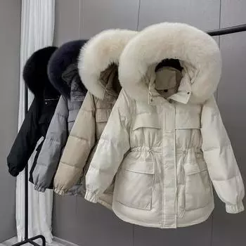Зимняя белая куртка на утином пуху, женская лисий меховой воротник, короткое пуховое пальто с капюшоном, женское регулируемое талии S бежевый