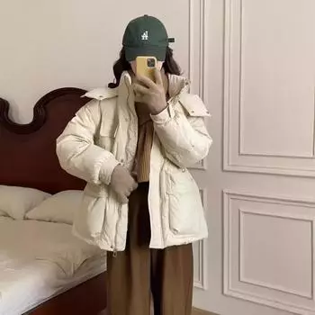 Зимняя белая куртка на утином пуху женская короткая с капюшоном, свободная утолщенная куртка, модная S