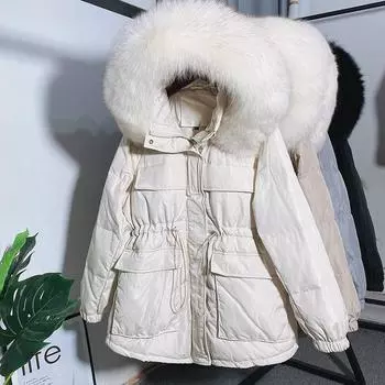 Зимняя белая куртка на утином пуху, женская лисий меховой воротник, короткое пуховое пальто с капюшоном, женское регулируемое талии M