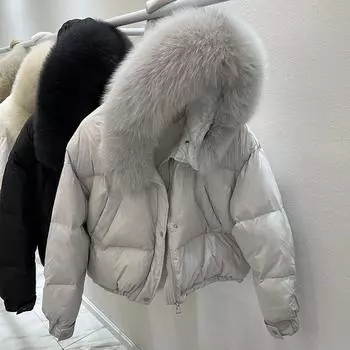 Зимняя белая утиная пуховая куртка с большим меховым воротником женская короткая новая утолщенная свободная куртка модная S чёрный