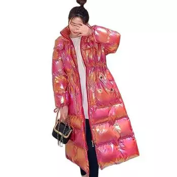 Зимняя блестящая куртка-пуховик для женщин, утолщенный пуховик, хлопковое пальто с капюшоном, ветрозащитное, непромокаемое, теплое длинное пальто для женщин L бежевый