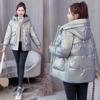 Зимняя блестящая куртка женская повседневная хлопковая куртка с капюшоном модная тонкая теплая утепленная верхняя одежда ветрозащитная пуховая женская парка из хлопка XXXL зелёный