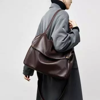 Зимняя большая вместительная сумка через плечо из натуральной кожи, большая мягкая сумка Pitot, простая повседневная женская сумка One Size чёрный