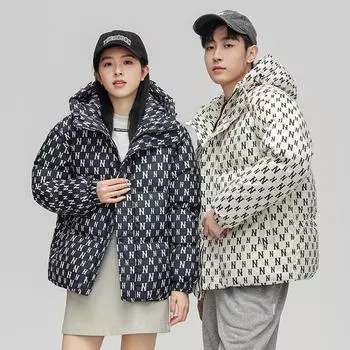 Зимняя брендовая куртка на хлопковой подкладке с полным принтом Boom, свободное короткое пальто с капюшоном для пары S белый