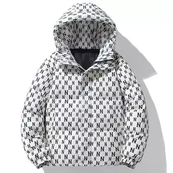 Зимняя брендовая куртка на хлопковой подкладке с полным принтом Boom, свободное короткое пальто с капюшоном для пары S белый