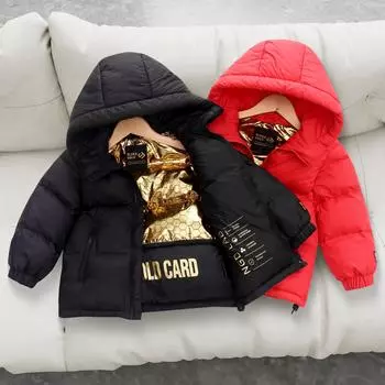 Зимняя черная детская куртка-пуховик для мальчиков и девочек, утепленная теплая короткая куртка с капюшоном, костюм с капюшоном 110cm чёрный