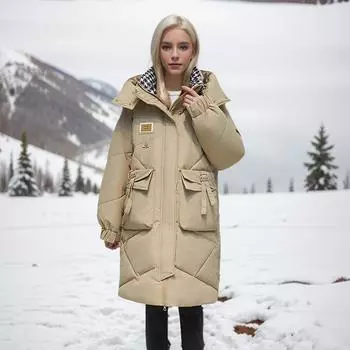 Зимняя черная и золотая пуховая хлопковая утепленная женская куртка средней и длинной длины с капюшоном, утолщенная теплая модная хлопковая утепленная куртка M [Recommended below 50kg] белый