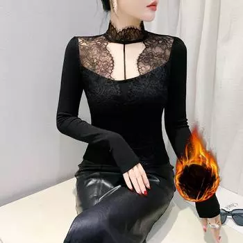 Зимняя черная мама топ сращивание мода высокого класса с длинными рукавами нижняя рубашка футболка S