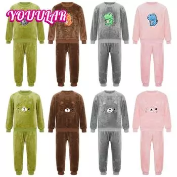 Зимняя детская фланелевая домашняя одежда для мальчиков и девочек, унисекс, детская пижама, комплект для сна, длинный рукав, круглый вырез, топ с рисунком кота/динозавра и штаны 80