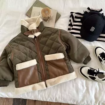 Зимняя детская куртка для мальчиков и девочек, плюшевое утолщенное хлопковое пальто, теплая куртка, мотоциклетное пальто, осень 90cm зелёный