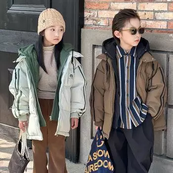 Зимняя детская куртка-пуховик для мальчиков с надписью Letter 3-10Y, поддельная ветровка из двух частей, зимний комбинезон из бархата, теплое пальто с капюшоном для малышей 110cm зелёный