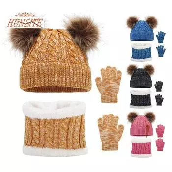 Зимняя детская милая теплая и мягкая вязаная шапка, перчатки, шарф, комплект синий