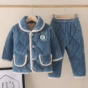 Зимняя детская мода фланелевая хлопковая подкладка толстая теплая пижама с рисунком пижамные комплекты с отворотами для мальчиков и девочек одежда для сна одежда 90 зелёный