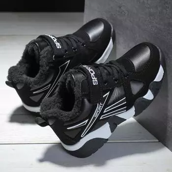 Зимняя детская мода на липучке с бархатом теплая спортивная обувь для отдыха на открытом воздухе хлопковая обувь зимние ботинки 28-40 28 чёрный/синий