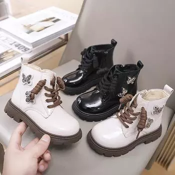 Зимняя детская обувь, ботинки для девочек, детские ботильоны из хлопка со стразами и бабочками, модные универсальные плюшевые роскошные ботинки принцессы 26 чёрный