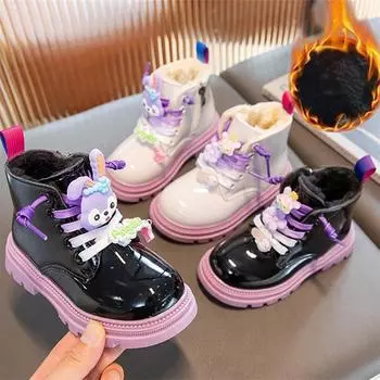 Зимняя детская обувь, ботинки для девочек, кожаные детские плюшевые кроссовки с рисунком кролика, модные нескользящие милые плоские ботильоны, кроссовки для девочек 26