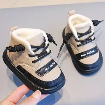 Зимняя детская обувь для младенцев, девочек и мальчиков, хлопковые ботинки из искусственной кожи, теплые, утолщенные, плюшевые, детские ботинки с мягкой подошвой, нескользящие, для ходьбы, зимние ботинки 16 чёрный