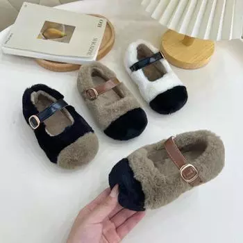 Зимняя детская обувь с мягкой подошвой, пушистая, хлопковая обувь для девочек, теплая, в стиле пэчворк, универсальная, детская, модная, повседневная, плюшевая, плоская обувь, новая 23 бежевый