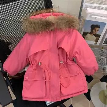 Зимняя детская одежда хлопковое пальто ветровка пальто для мальчиков и девочек средней длины плюшевая хлопковая куртка с завышенной талией 150cm розовый