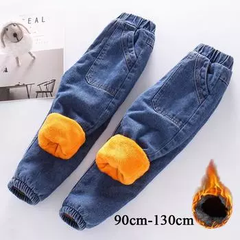 Зимняя детская одежда с героями мультфильмов, теплые хлопковые штаны, джинсовые штаны для мальчиков, спортивные бархатные толстые хлопковые брюки 90cm синий