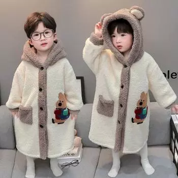 Зимняя детская пижама, мультяшный халат, мягкая теплая одежда для мальчиков и девочек, фланелевый милый халат, детские халаты 90 бежевый