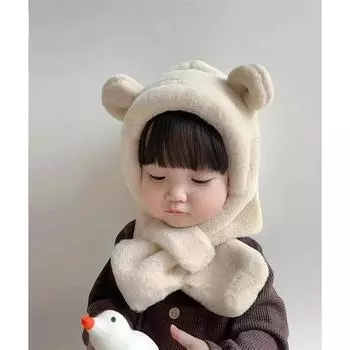 Зимняя детская шапка, цельная детская шапка из искусственного меха, шарф с капюшоном, медвежьи уши, теплая шапка с ушками для девочек и мальчиков, ветрозащитные шапочки, детская шапка one size бежевый