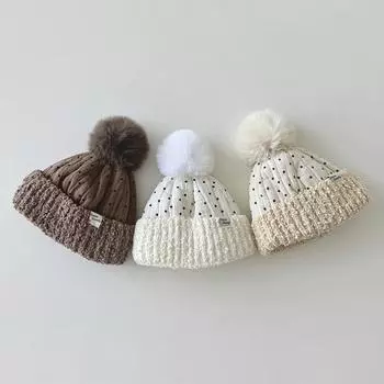 Зимняя детская шапка с милым помпоном в горошек для мальчиков и девочек, вязаные шапки, защита ушей, чепчик для малышей, теплые детские аксессуары 0-3 лет 40-48cm белый