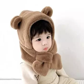 Зимняя детская шапка, шарф, цельная детская шапка из искусственного меха, теплая шапка с ушками в виде медведя из мультфильма для мальчиков и девочек, ветрозащитные шапочки, детские вещи A1