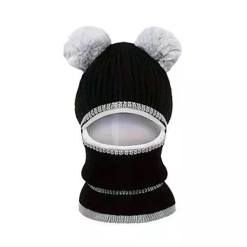 Зимняя детская шапка-шарф, цельная вязаная шапка с помпоном для детей, бейсболка для младенцев, ветрозащитная шапка для девочек B7D7 Black-One size