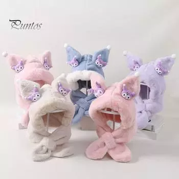 Зимняя детская шапка со встроенным шарфом, толстая плюшевая шапка с мультяшным рисунком, декоративная шапка в стиле принцессы, защита ушей, устойчивая к холоду, реквизит для фотосъемки, головной убор для улицы фиолетовый