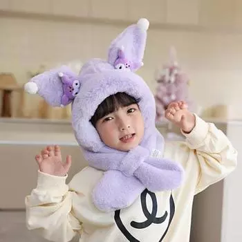 Зимняя детская шапка со встроенным шарфом, толстая плюшевая шапка с мультяшным рисунком, декоративная шапка в стиле принцессы, защита ушей, устойчивая к холоду, реквизит для фотосъемки, головной убор для улицы бежевый