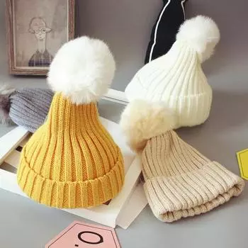 Зимняя детская шапка унисекс вязаная шапка эластичная утолщенная однотонная искусственный мех мяч декор красный