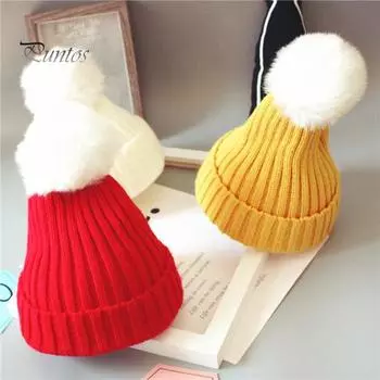Зимняя детская шапка унисекс вязаная шапка эластичная утолщенная однотонная искусственный меховой шарик декоративная теплая повседневная шапка головной убор для улицы для детей 4-8 лет жёлтый
